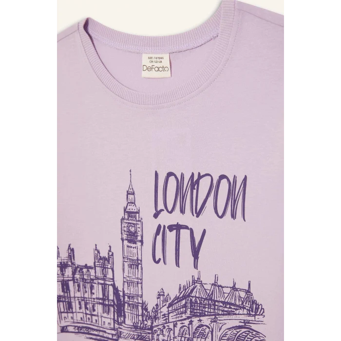 Defacto E0349A8PR143 Mor Bisiklet Yaka Baskılı Kısa Kollu Tişört Kız Çocuk