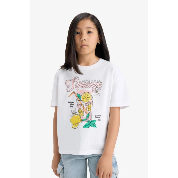 Defacto E0389A8WT34 Beyaz Relax Fit Bisiklet Yaka Baskılı Kısa Kollu Tişört Kız Çocuk