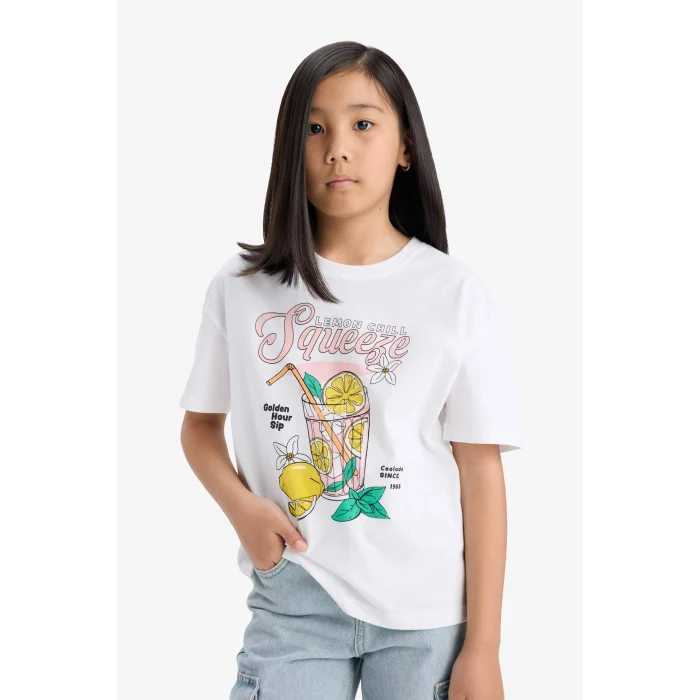 Defacto E0389A8WT34 Beyaz Relax Fit Bisiklet Yaka Baskılı Kısa Kollu Tişört Kız Çocuk