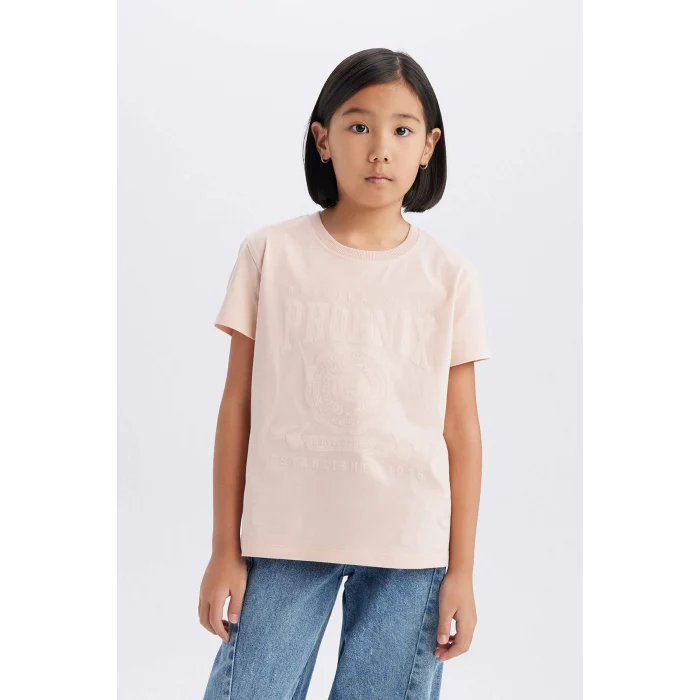 Defacto E0490A8PN287 Pembe Bisiklet Yaka Baskılı Kısa Kollu Tişört Kız Çocuk