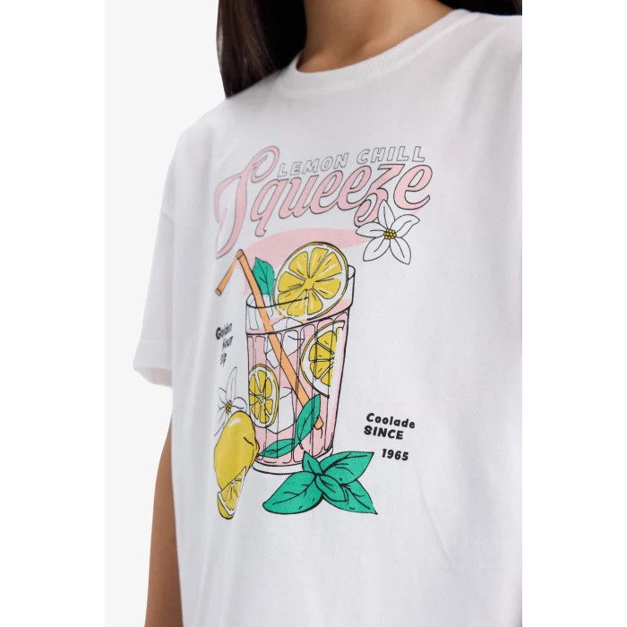 Defacto E0389A8WT34 Beyaz Relax Fit Bisiklet Yaka Baskılı Kısa Kollu Tişört Kız Çocuk