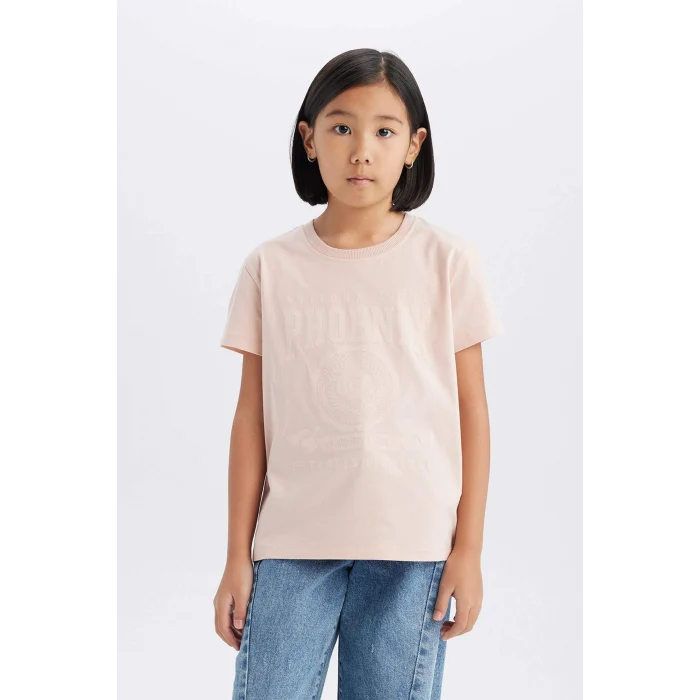 Defacto E0490A8PN287 Pembe Bisiklet Yaka Baskılı Kısa Kollu Tişört Kız Çocuk