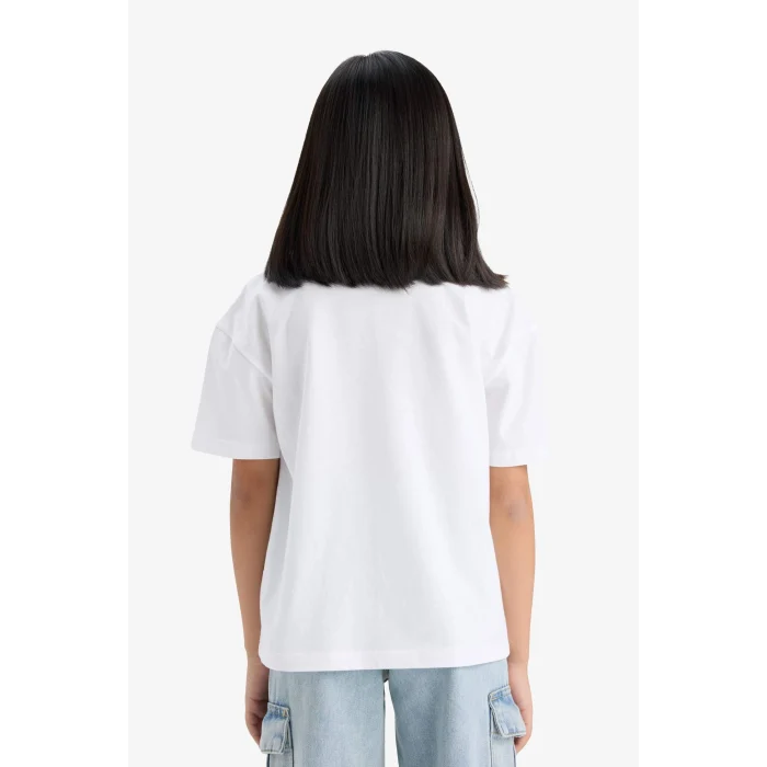 Defacto E0389A8WT34 Beyaz Relax Fit Bisiklet Yaka Baskılı Kısa Kollu Tişört Kız Çocuk