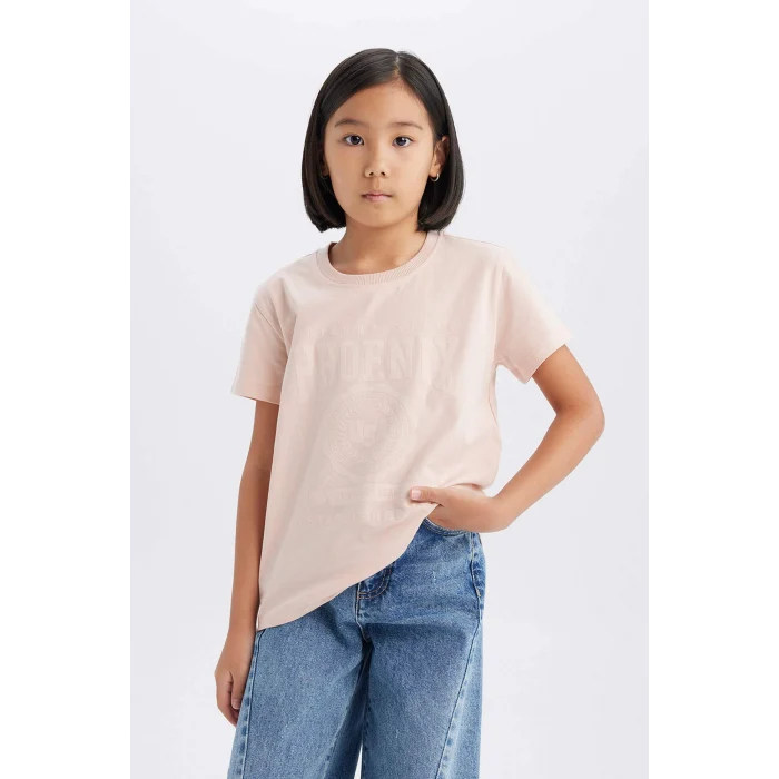 Defacto E0490A8PN287 Pembe Bisiklet Yaka Baskılı Kısa Kollu Tişört Kız Çocuk