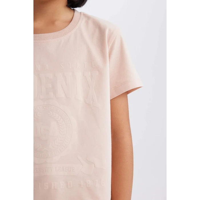 Defacto E0490A8PN287 Pembe Bisiklet Yaka Baskılı Kısa Kollu Tişört Kız Çocuk