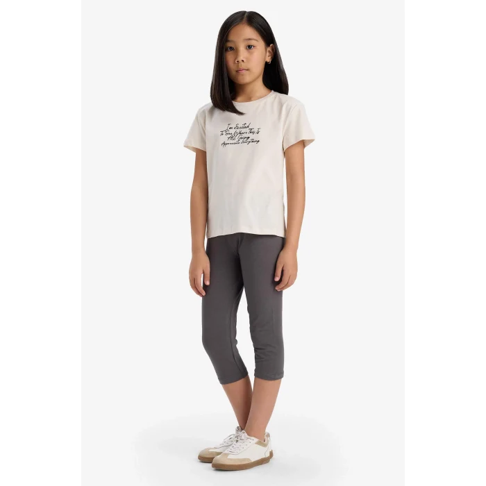 Defacto E5892A8BG697 Bej Bisiklet Yaka Baskılı Kısa Kollu Tişört Kız Çocuk