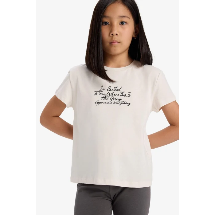 Defacto E5892A8BG697 Bej Bisiklet Yaka Baskılı Kısa Kollu Tişört Kız Çocuk