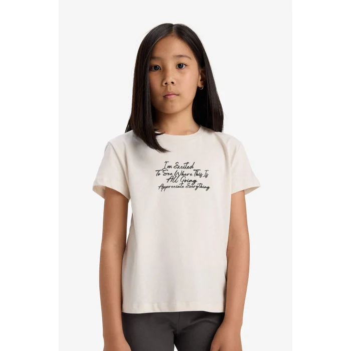 Defacto E5892A8BG697 Bej Bisiklet Yaka Baskılı Kısa Kollu Tişört Kız Çocuk