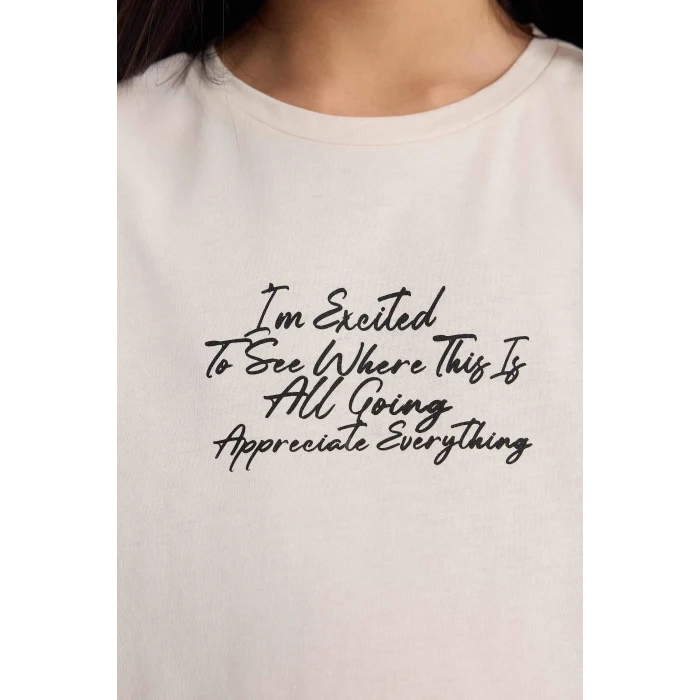 Defacto E5892A8BG697 Bej Bisiklet Yaka Baskılı Kısa Kollu Tişört Kız Çocuk