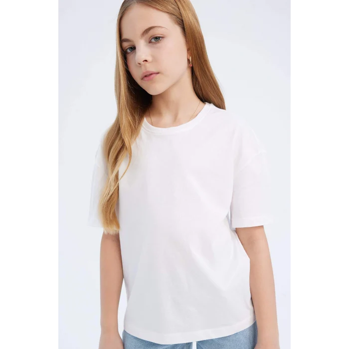 Defacto D9099A8WT34 Beyaz Relax Fit Bisiklet Yaka Basic Düz Kısa Kollu Tişört Kız Çocuk