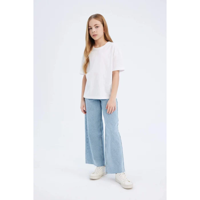 Defacto D9099A8WT34 Beyaz Relax Fit Bisiklet Yaka Basic Düz Kısa Kollu Tişört Kız Çocuk