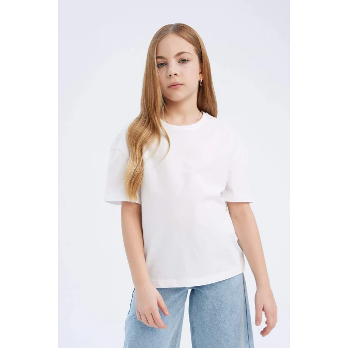 Defacto D9099A8WT34 Beyaz Relax Fit Bisiklet Yaka Basic Düz Kısa Kollu Tişört Kız Çocuk