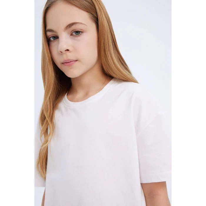 Defacto D9099A8WT34 Beyaz Relax Fit Bisiklet Yaka Basic Düz Kısa Kollu Tişört Kız Çocuk