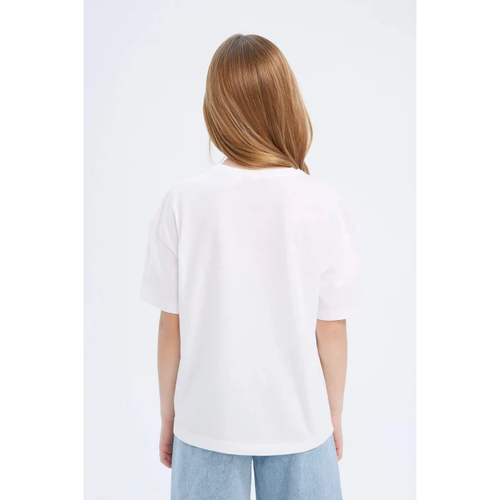 Defacto D9099A8WT34 Beyaz Relax Fit Bisiklet Yaka Basic Düz Kısa Kollu Tişört Kız Çocuk
