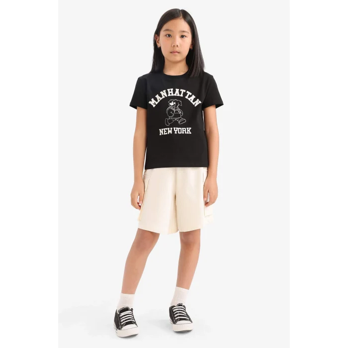 Defacto E5900A8BK81 Siyah Bisiklet Yaka Baskılı Kısa Kollu Tişört Kız Çocuk