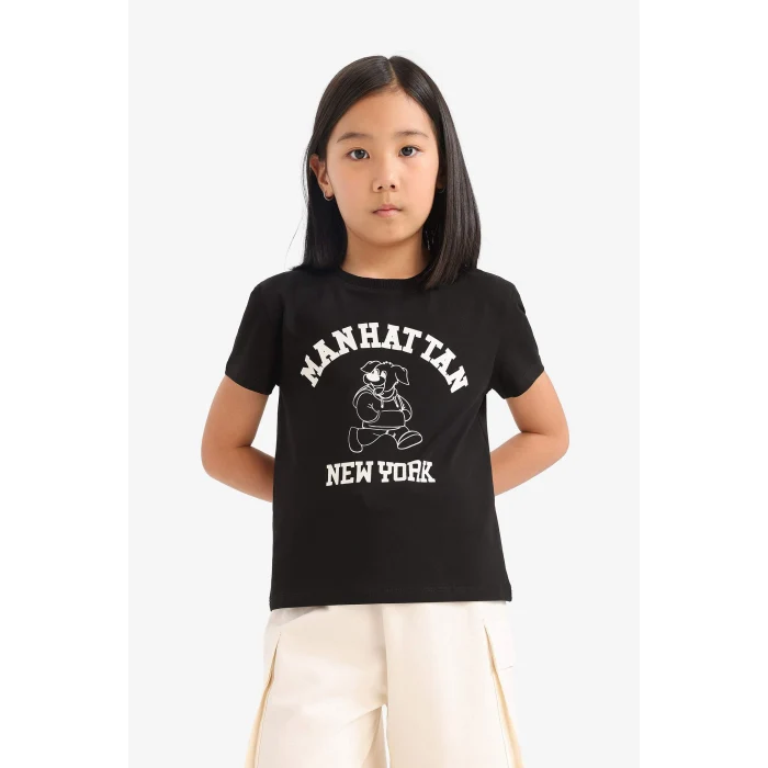 Defacto E5900A8BK81 Siyah Bisiklet Yaka Baskılı Kısa Kollu Tişört Kız Çocuk