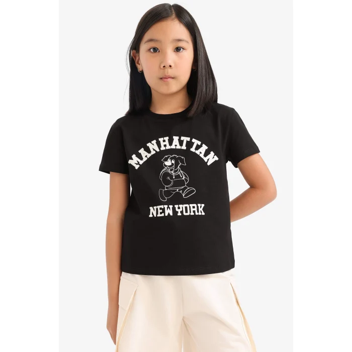 Defacto E5900A8BK81 Siyah Bisiklet Yaka Baskılı Kısa Kollu Tişört Kız Çocuk