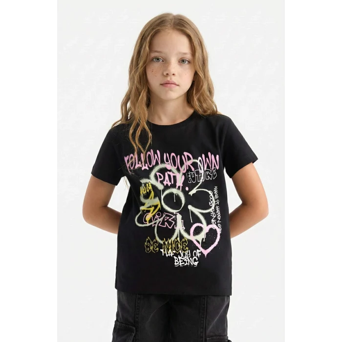 Defacto E0383A8BK81 Siyah Bisiklet Yaka Baskılı Kısa Kollu Tişört Kız Çocuk