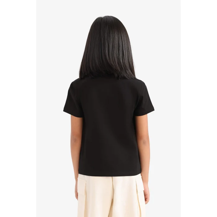 Defacto E5900A8BK81 Siyah Bisiklet Yaka Baskılı Kısa Kollu Tişört Kız Çocuk