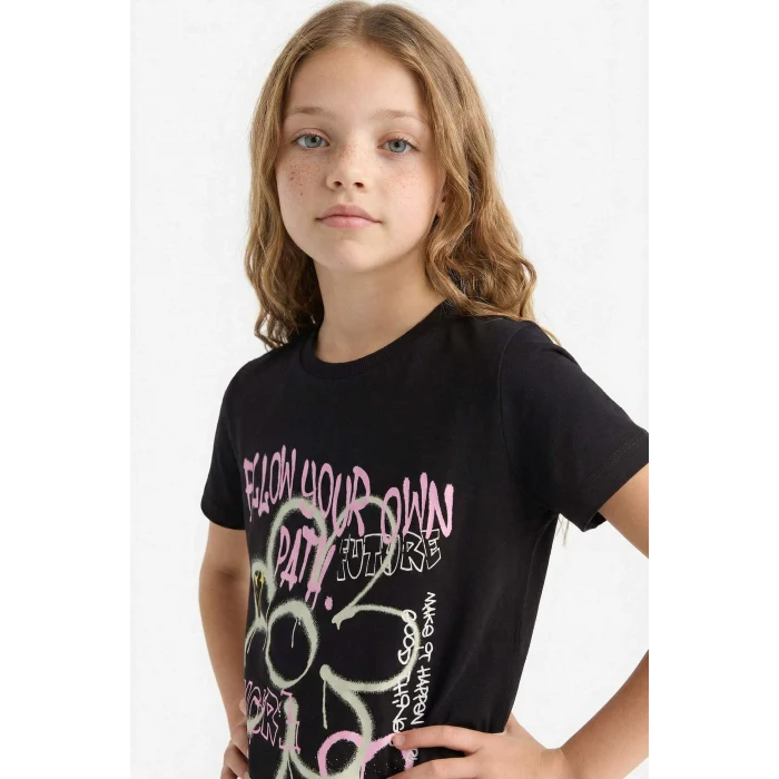 Defacto E0383A8BK81 Siyah Bisiklet Yaka Baskılı Kısa Kollu Tişört Kız Çocuk