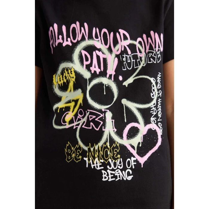 Defacto E0383A8BK81 Siyah Bisiklet Yaka Baskılı Kısa Kollu Tişört Kız Çocuk