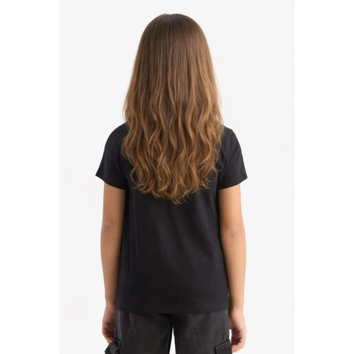 Defacto E0383A8BK81 Siyah Bisiklet Yaka Baskılı Kısa Kollu Tişört Kız Çocuk