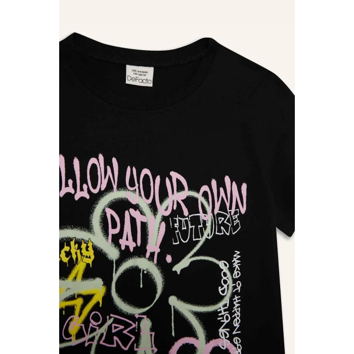 Defacto E0383A8BK81 Siyah Bisiklet Yaka Baskılı Kısa Kollu Tişört Kız Çocuk