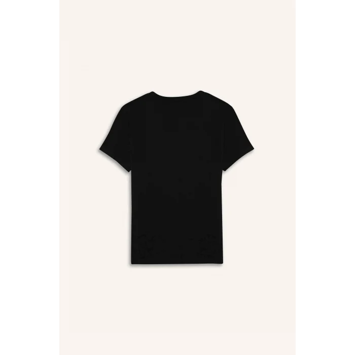 Defacto E0383A8BK81 Siyah Bisiklet Yaka Baskılı Kısa Kollu Tişört Kız Çocuk