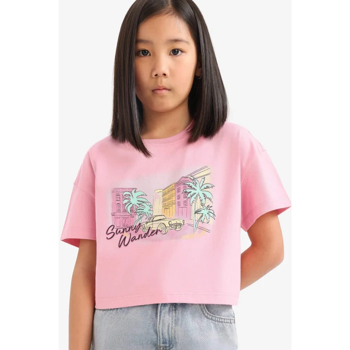 Defacto E0384A8PN666 Pembe Bisiklet Yaka Baskılı Kısa Kollu Tişört Kız Çocuk