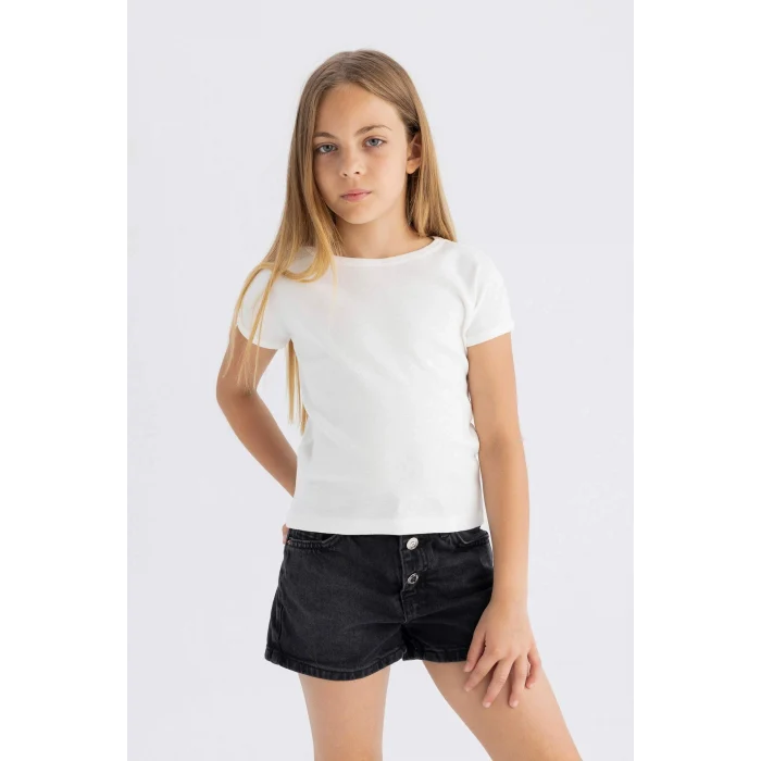 Defacto B3053A8WT16 Beyaz Slim Fit Dar Kesim Bisiklet Yaka Basic Düz Fitilli Kaşkorse Kısa Kollu Tişört Kız Çocuk