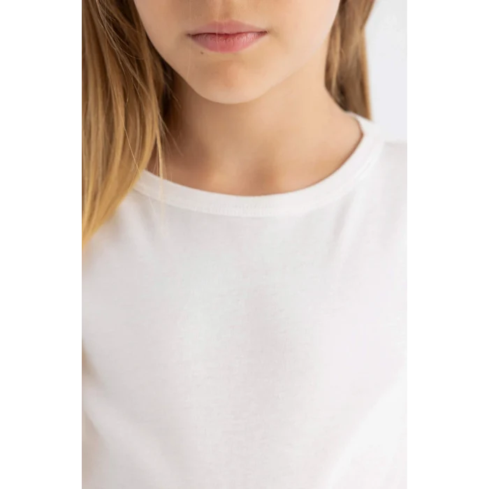 Defacto B3053A8WT16 Beyaz Slim Fit Dar Kesim Bisiklet Yaka Basic Düz Fitilli Kaşkorse Kısa Kollu Tişört Kız Çocuk