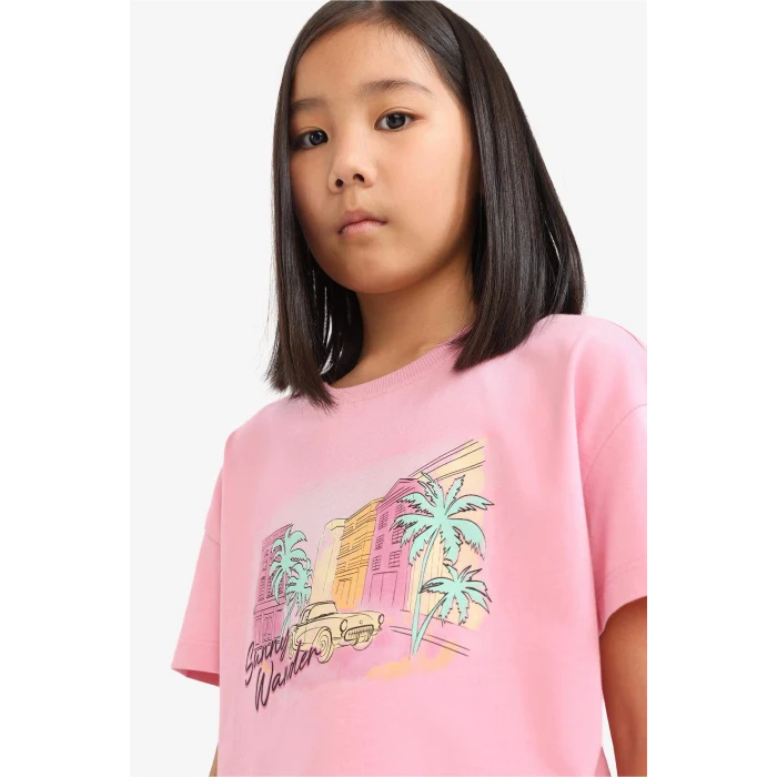 Defacto E0384A8PN666 Pembe Bisiklet Yaka Baskılı Kısa Kollu Tişört Kız Çocuk