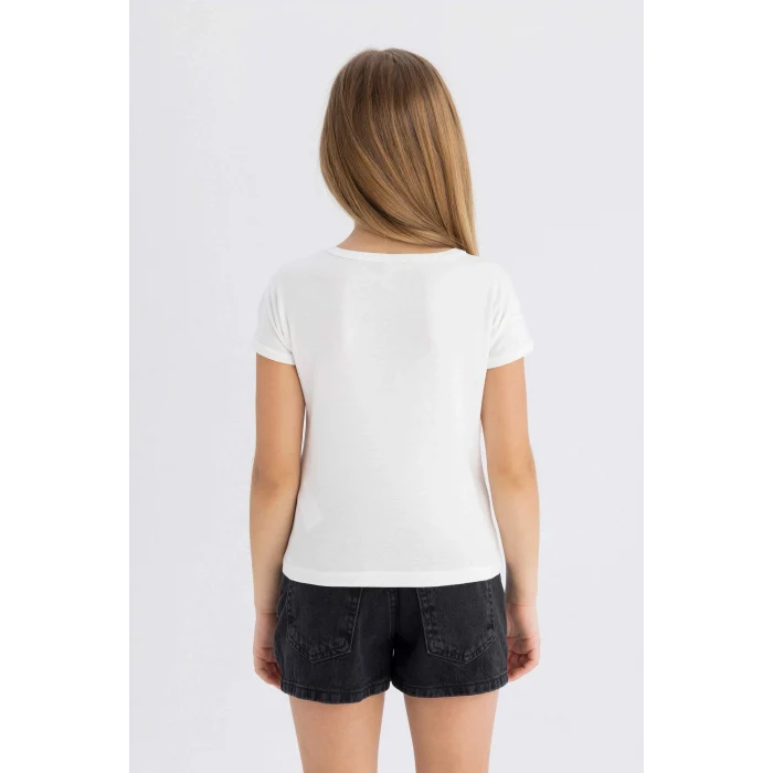 Defacto B3053A8WT16 Beyaz Slim Fit Dar Kesim Bisiklet Yaka Basic Düz Fitilli Kaşkorse Kısa Kollu Tişört Kız Çocuk