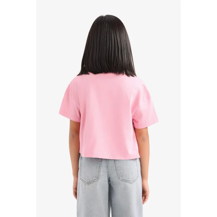 Defacto E0384A8PN666 Pembe Bisiklet Yaka Baskılı Kısa Kollu Tişört Kız Çocuk