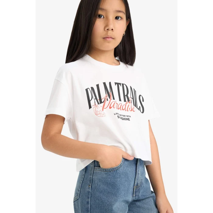 Defacto E0352A8WT34 Beyaz Bisiklet Yaka Baskılı Kısa Kollu Tişört Kız Çocuk