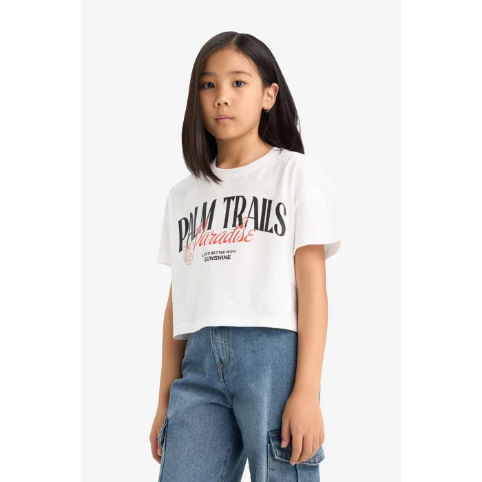 Defacto E0352A8WT34 Beyaz Bisiklet Yaka Baskılı Kısa Kollu Tişört Kız Çocuk