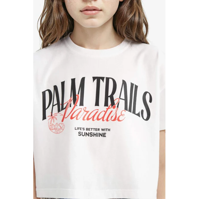 Defacto E0352A8WT34 Beyaz Bisiklet Yaka Baskılı Kısa Kollu Tişört Kız Çocuk