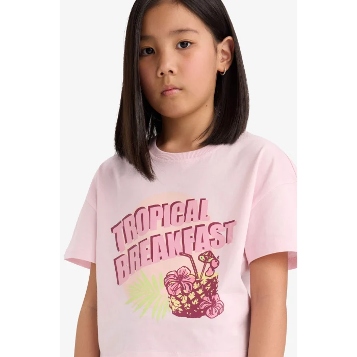 Defacto E0358A8PN74 Pembe Boxy Fit Bisiklet Yaka Baskılı Kısa Kollu Tişört Kız Çocuk