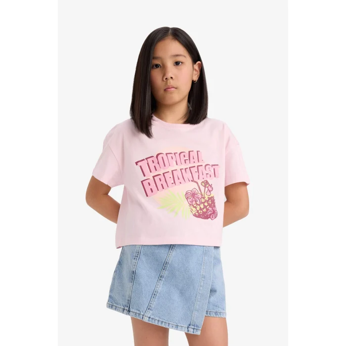 Defacto E0358A8PN74 Pembe Boxy Fit Bisiklet Yaka Baskılı Kısa Kollu Tişört Kız Çocuk
