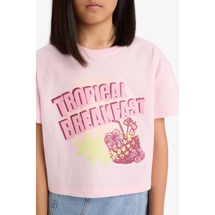 Defacto E0358A8PN74 Pembe Boxy Fit Bisiklet Yaka Baskılı Kısa Kollu Tişört Kız Çocuk