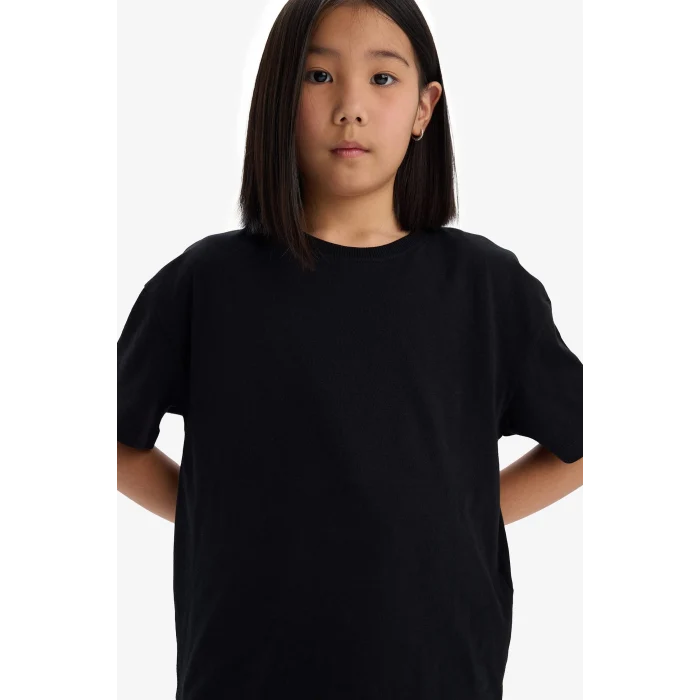 Defacto D9099A8BK81 Siyah Relax Fit Bisiklet Yaka Basic Düz Kısa Kollu Tişört Kız Çocuk