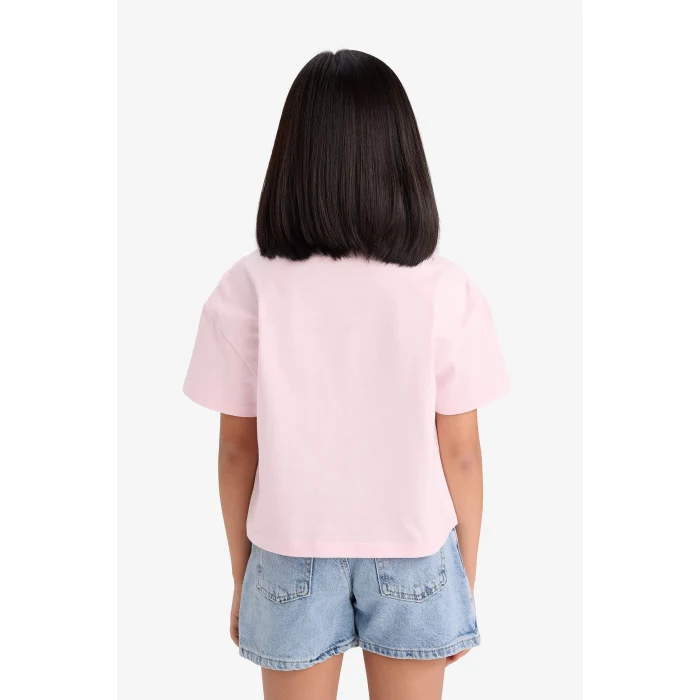 Defacto E0358A8PN74 Pembe Boxy Fit Bisiklet Yaka Baskılı Kısa Kollu Tişört Kız Çocuk