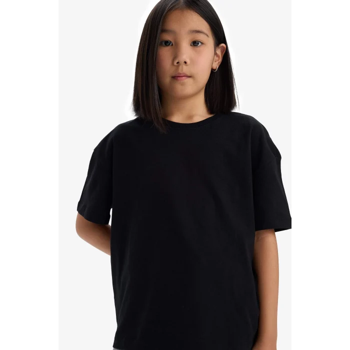 Defacto D9099A8BK81 Siyah Relax Fit Bisiklet Yaka Basic Düz Kısa Kollu Tişört Kız Çocuk