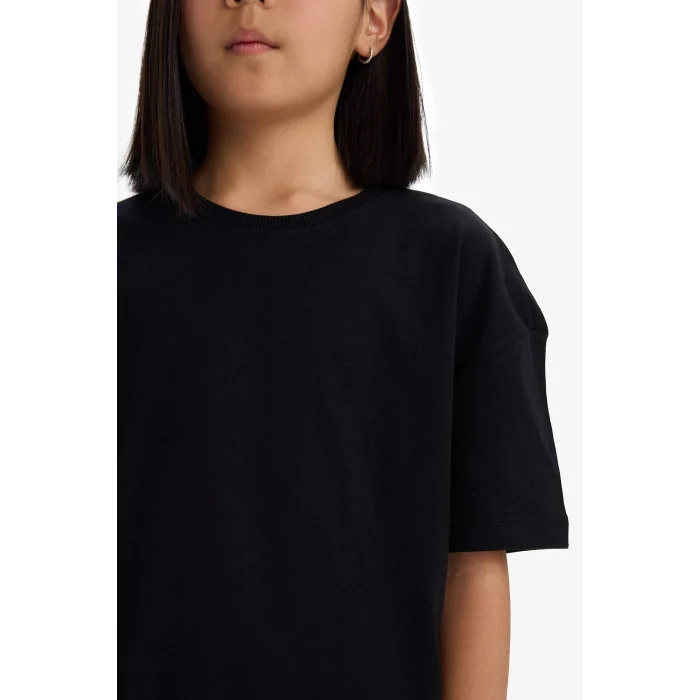 Defacto D9099A8BK81 Siyah Relax Fit Bisiklet Yaka Basic Düz Kısa Kollu Tişört Kız Çocuk