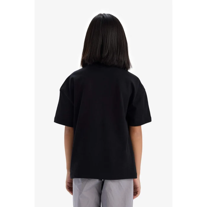 Defacto D9099A8BK81 Siyah Relax Fit Bisiklet Yaka Basic Düz Kısa Kollu Tişört Kız Çocuk