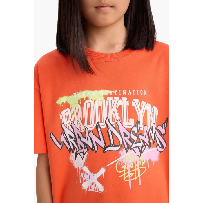 Defacto E0386A8OG584 Turuncu Oversize Geniş Kalıp Baskılı Bisiklet Yaka Kısa Kollu Tişört Kız Çocuk