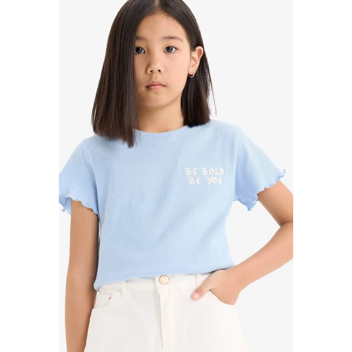 Defacto D9537A8BE745 Mavi Slim Fit Dar Kesim Bisiklet Yaka Baskılı Fitilli Kaşkorse Kısa Kollu Tişört Kız Çocuk