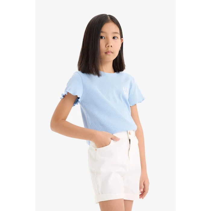 Defacto D9537A8BE745 Mavi Slim Fit Dar Kesim Bisiklet Yaka Baskılı Fitilli Kaşkorse Kısa Kollu Tişört Kız Çocuk