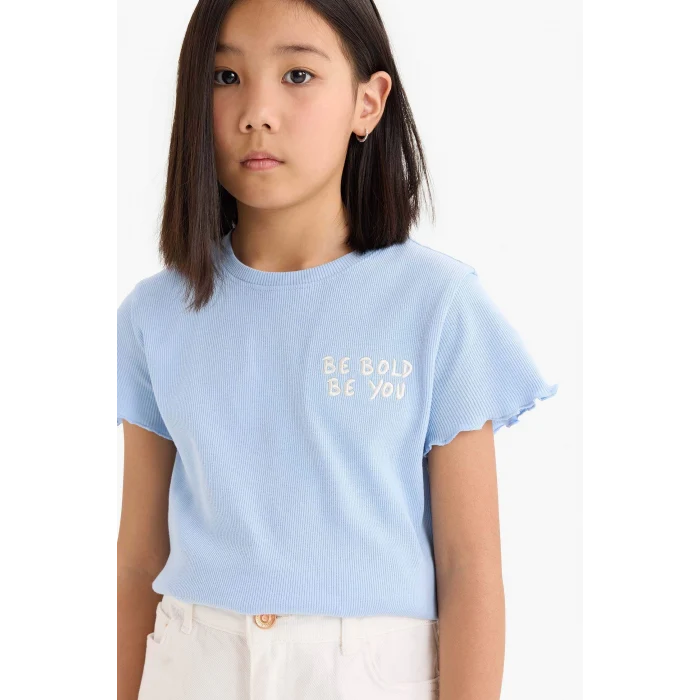 Defacto D9537A8BE745 Mavi Slim Fit Dar Kesim Bisiklet Yaka Baskılı Fitilli Kaşkorse Kısa Kollu Tişört Kız Çocuk