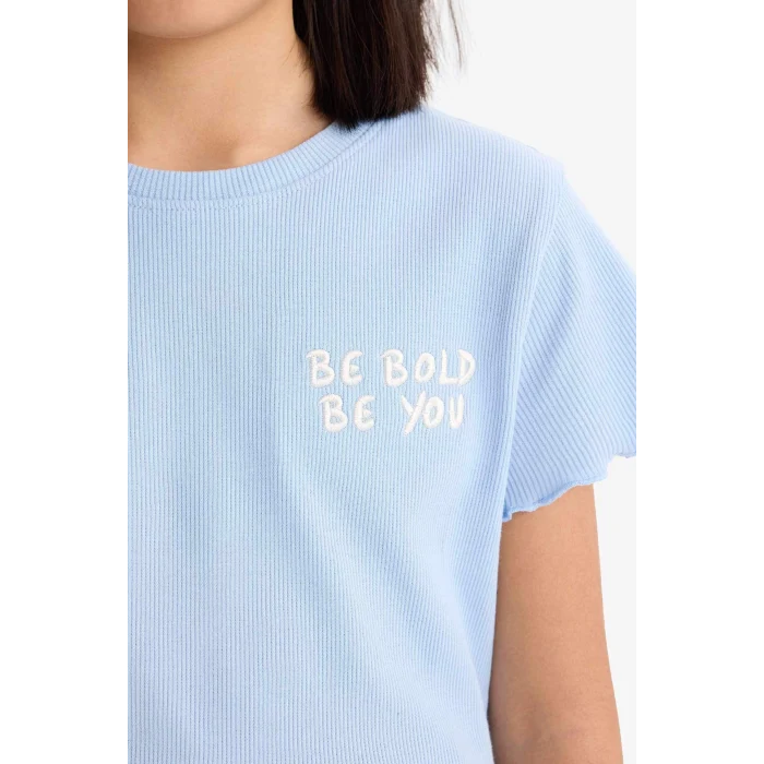 Defacto D9537A8BE745 Mavi Slim Fit Dar Kesim Bisiklet Yaka Baskılı Fitilli Kaşkorse Kısa Kollu Tişört Kız Çocuk